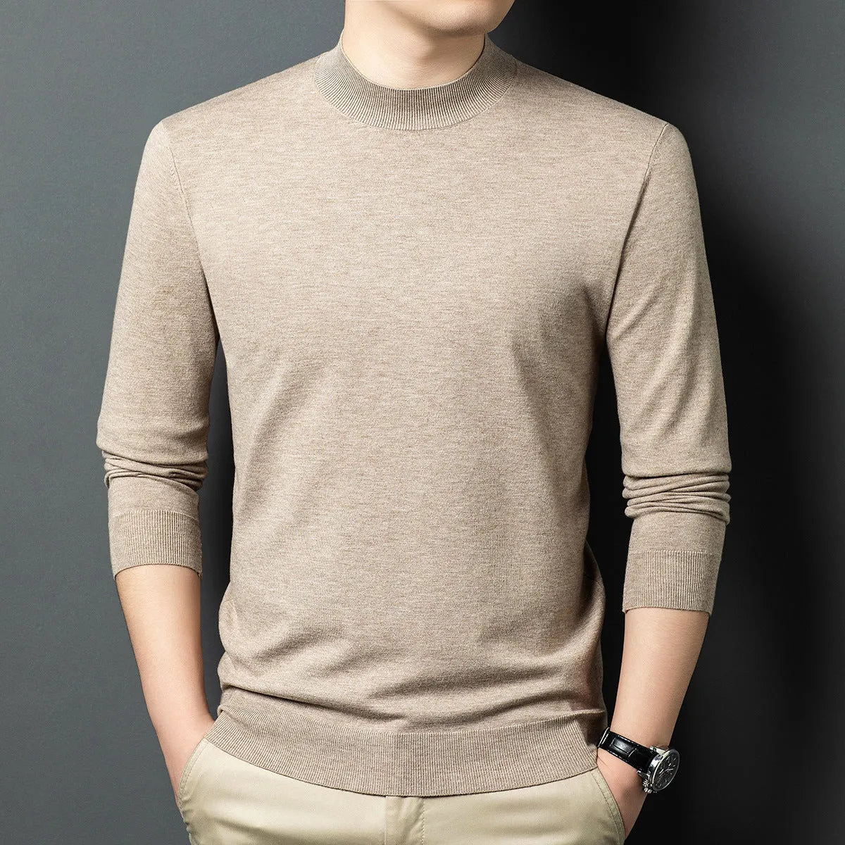 Men's round neck wool and silk blend sweater in various colours for winter wear