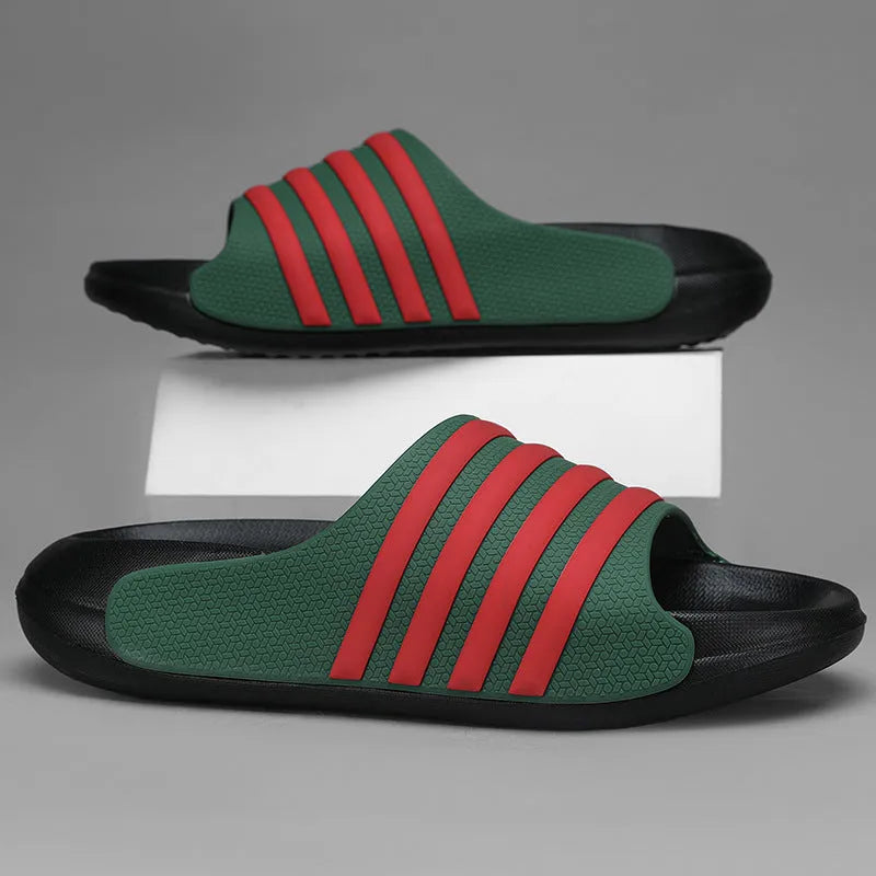 Casual EVA slippers with PVC upper in beige, black and white, blue and white, or green colour options