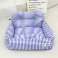 Car-mounted pet travel nest in stain-resistant cloth, showing grey and blue plaid options with size dimensions