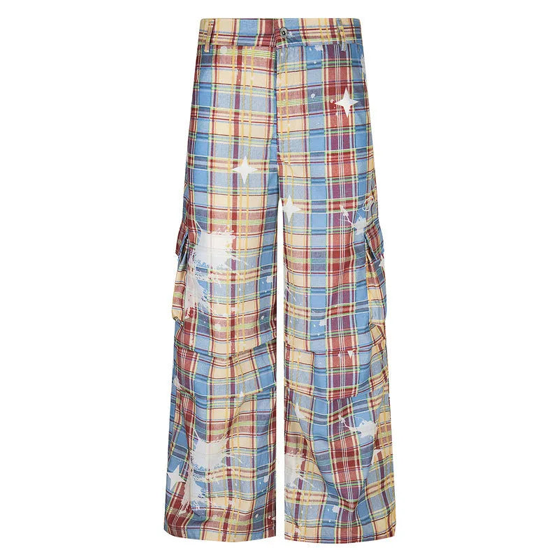 Man wearing blue and yellow plaid loose straight-leg casual overalls