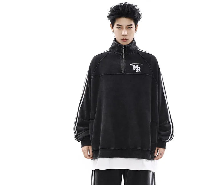 Black Hong Kong style stand collar hoodie for men, shown as a casual sports layer.