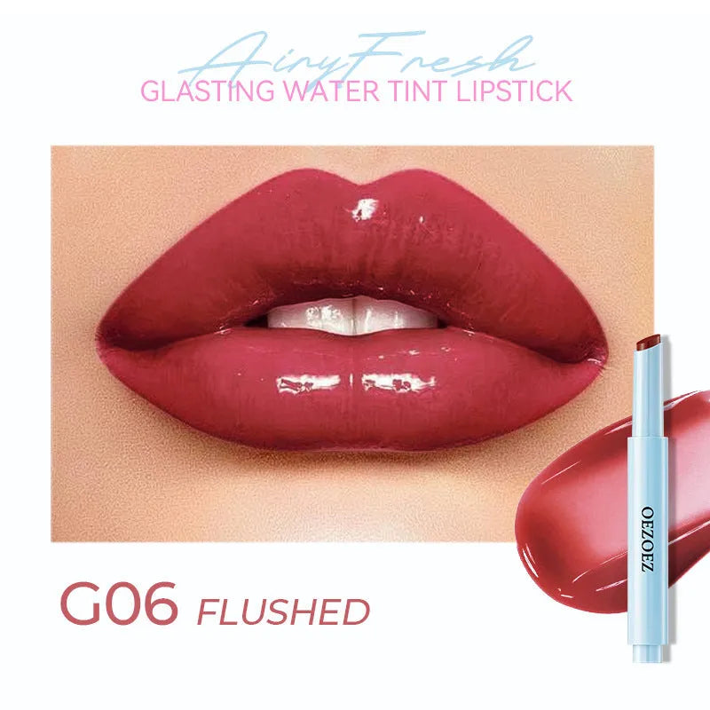 Waterproof moisturising lipstick bullet showing six colour options with 1.8g content