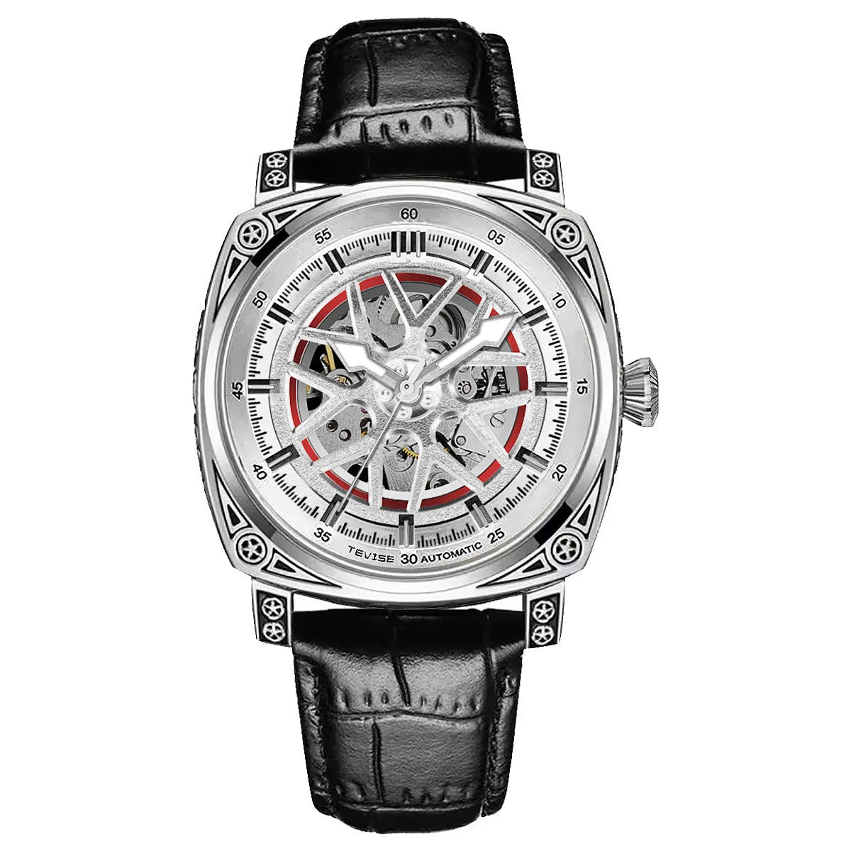 Automatic mechanical men's watch with stainless steel case and blue leather strap