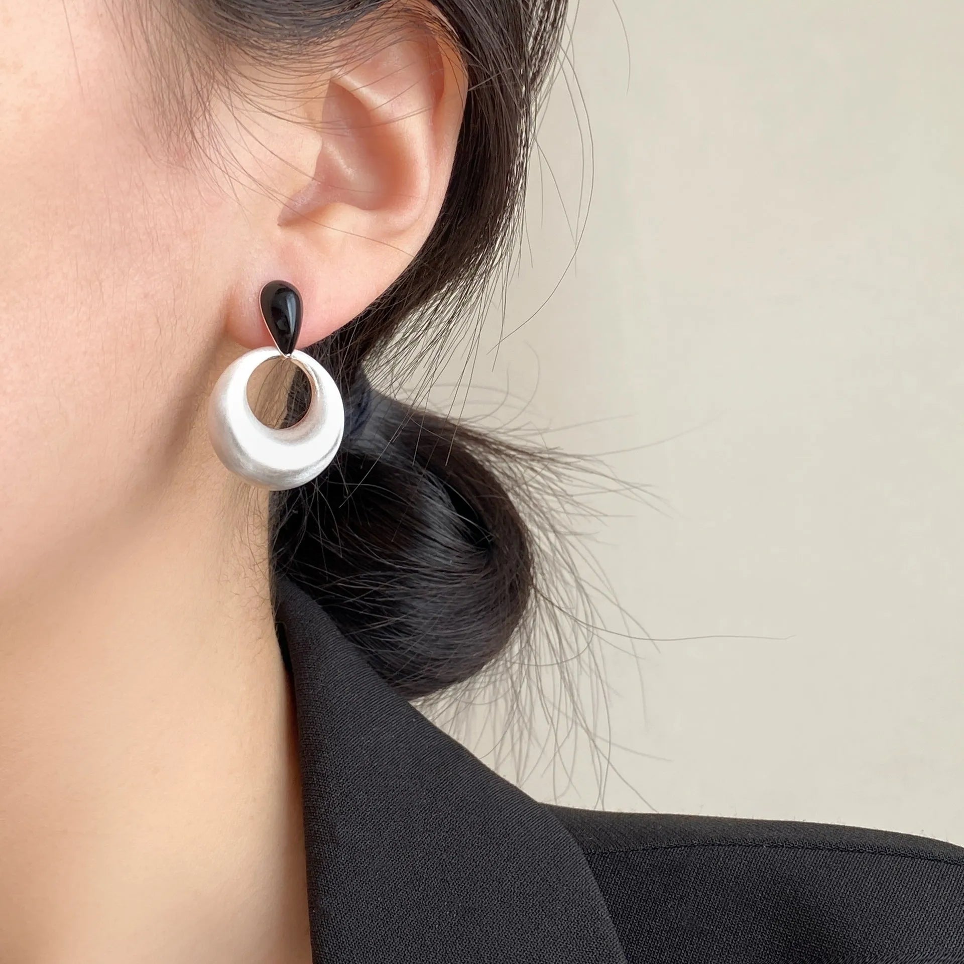 Retro geometric drop earrings with enamel colour clash in copper oil drop finish