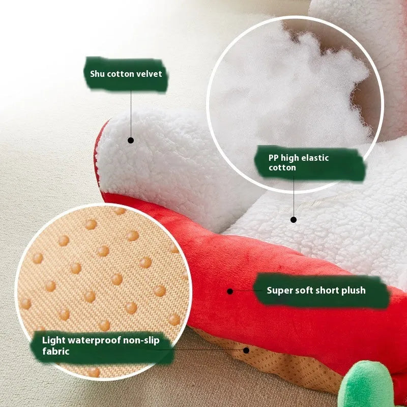 Red and cream Christmas cat nest cave bed with soft cloth fabric in 63x45x33cm size