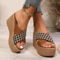 Women's wedge sandals with cross leopard plaid pattern and rubber sole