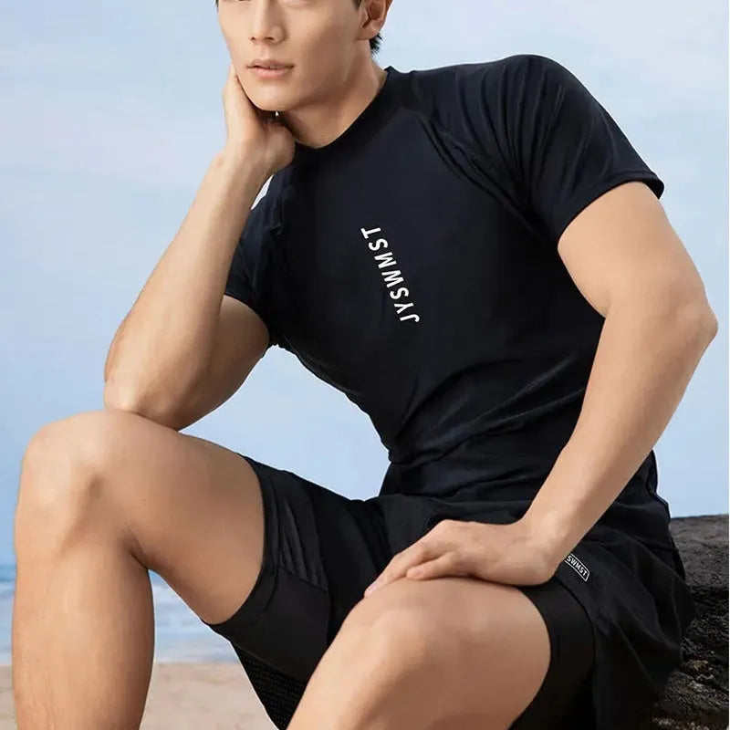 Men's patterned swimsuit set with matching top and swimming trunks in plus sizes