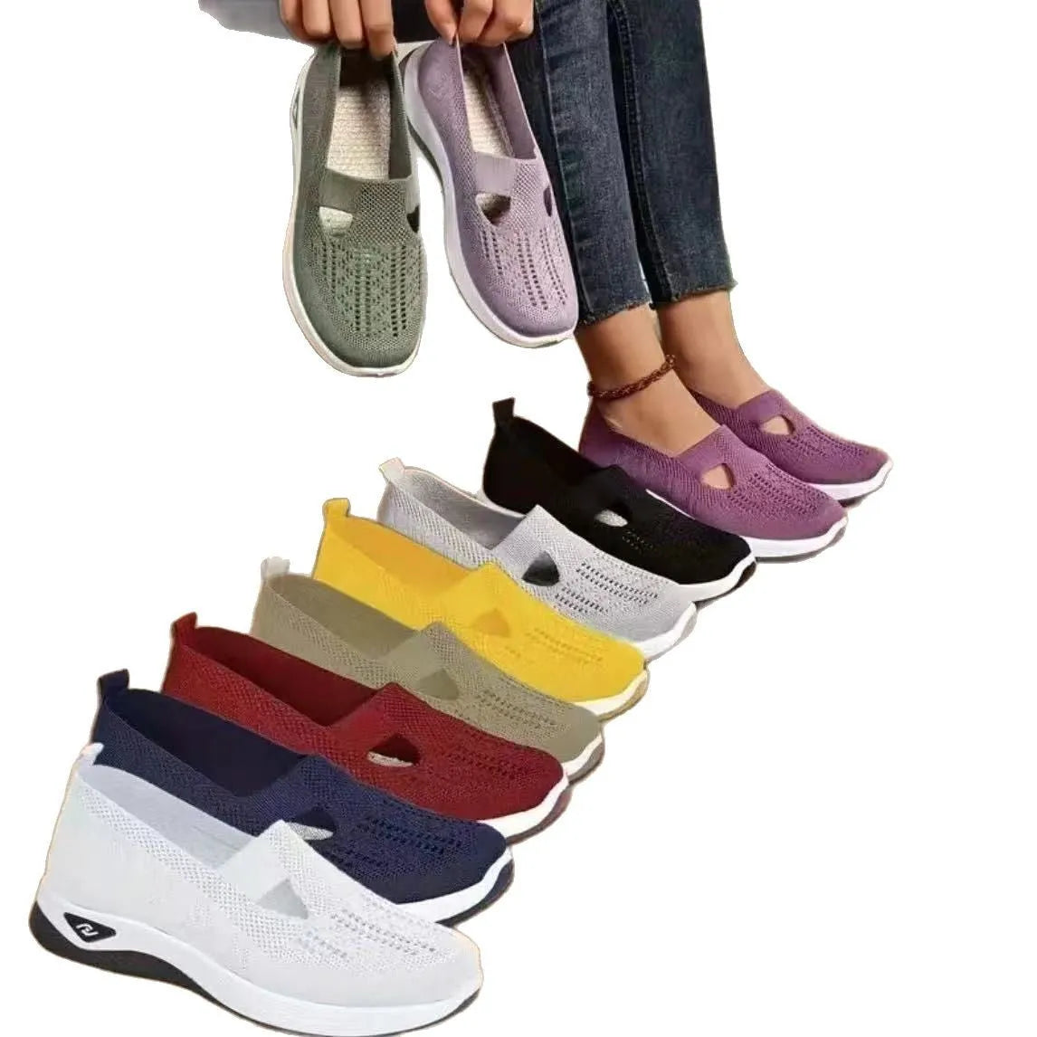 Women's casual mesh shoes with T-strap design and soft PVC soles in multiple colour options