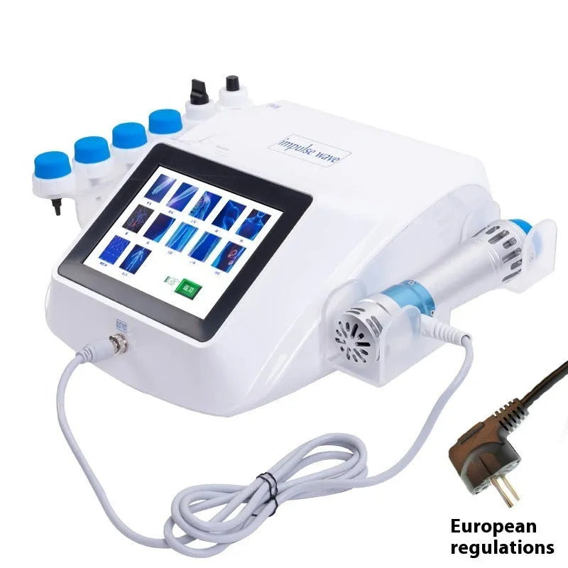 Handheld electromagnetic extracorporeal shock wave physiotherapy instrument with remote control.