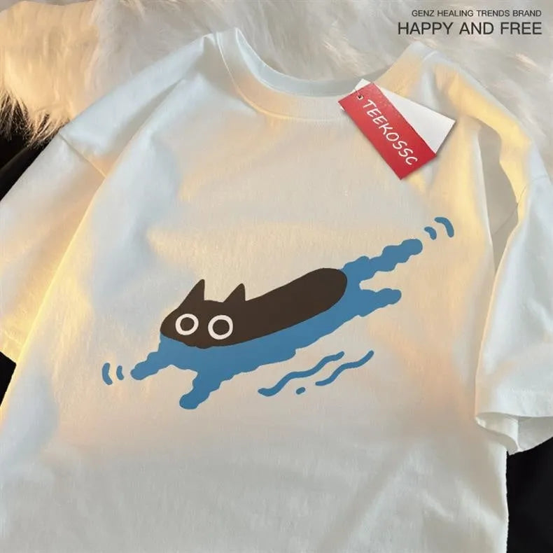 A plus-size woman's black short sleeve cotton T-shirt with a diving cat graphic, shown in a straight cut fit.