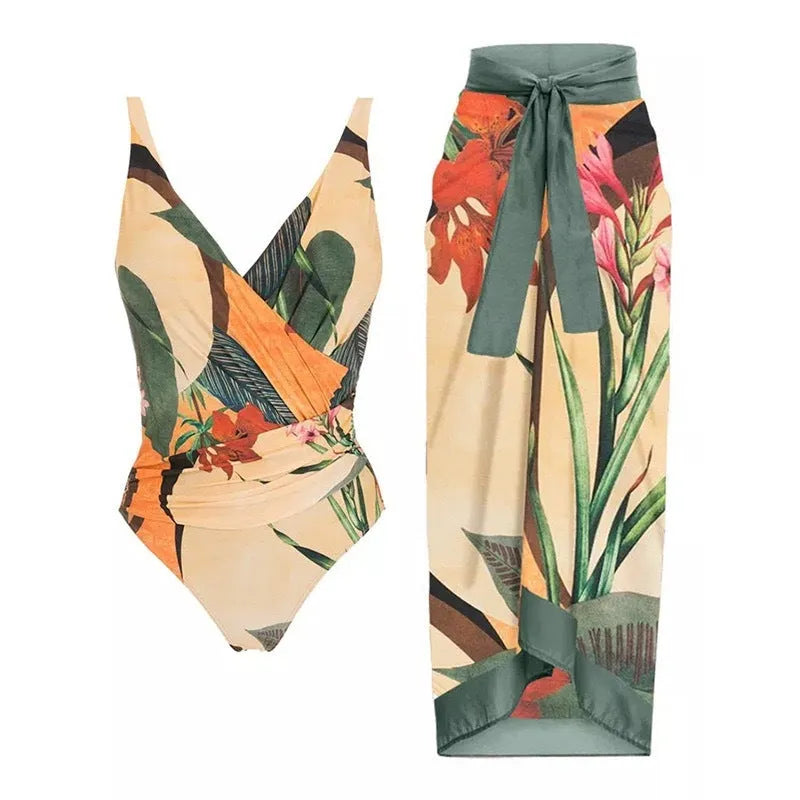 Women's solid colour one-piece swimsuit with removable skirt and spaghetti straps