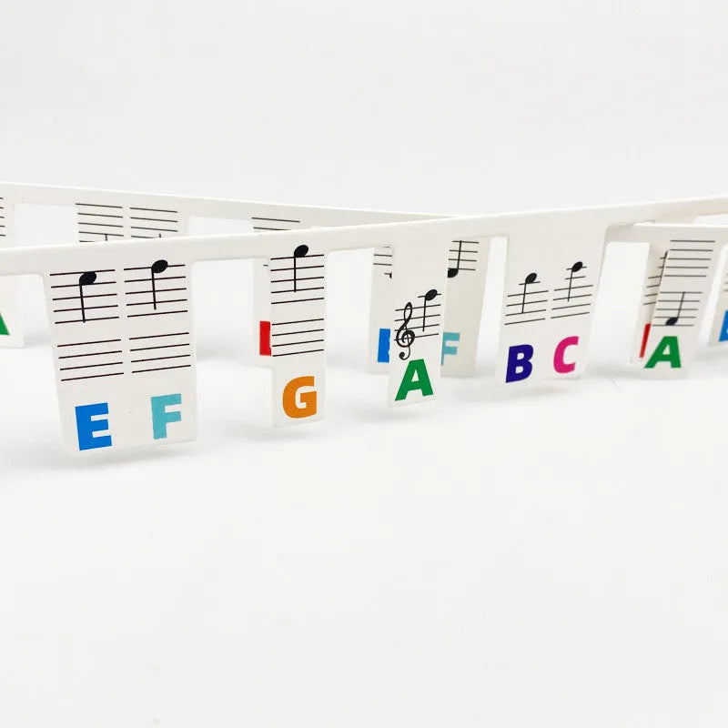 Piano keyboard stickers for 88 keys with black notes and colour note bars in OPP bags