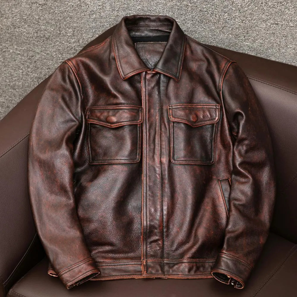 Men's brown PU leather lapel jacket with side seam pockets shown in loose fit