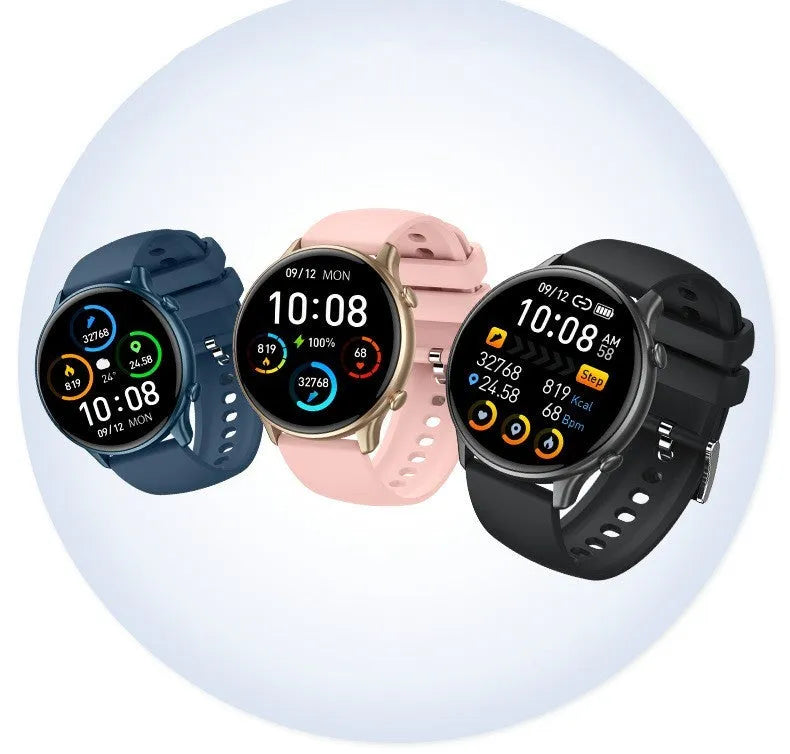 Round smart sports watch with touch screen and silicone strap showing heart rate monitoring display