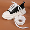 Round woven shoelaces in white, beige, and black colours showing different thickness and length options.