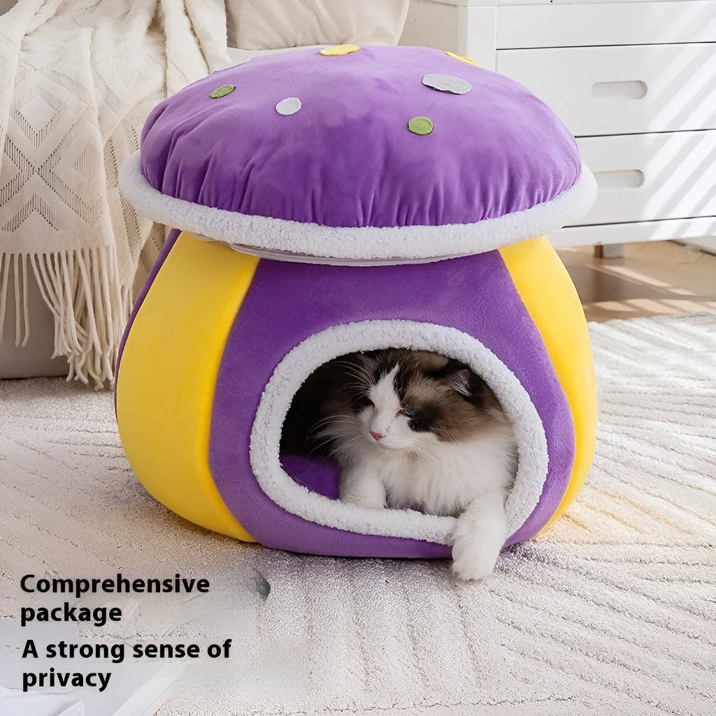 Grey mushroom-shaped plush cat bed with a detachable rabbit blanket for winter warmth.