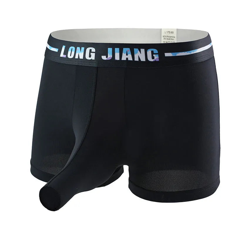 Men's ice silk trunk open boxer shorts in multiple solid colours showing mid waist fit.