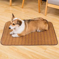 Brown rattan fibre dog cooling mat shown in various sizes