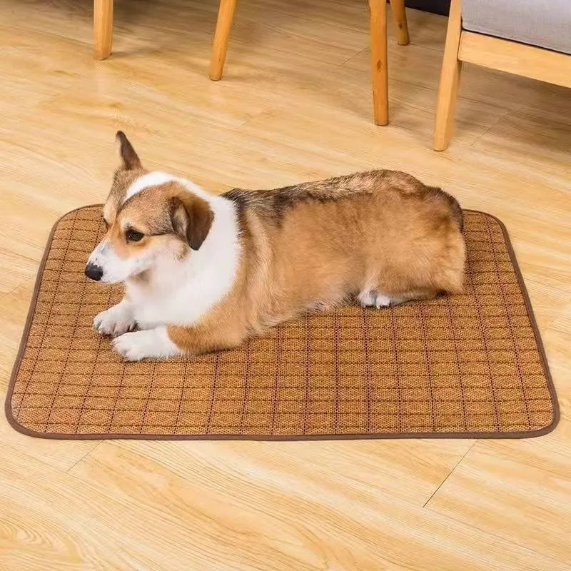 Brown rattan fibre dog cooling mat shown in various sizes