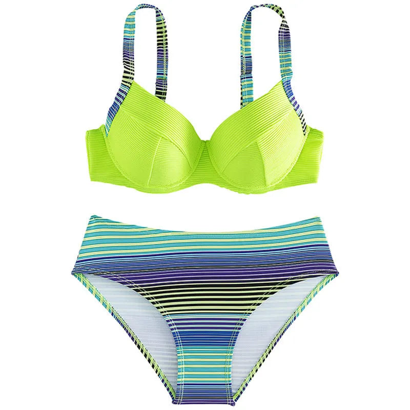 Green printed women's halter bikini set with brief-style bottom and split design