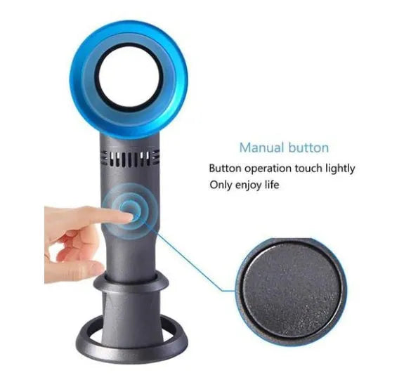 Compact portable bladeless desk fan with USB cable and base, shown in blue.