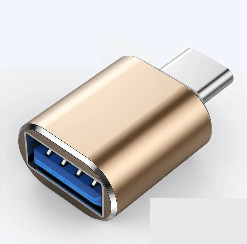 USB-C to USB-A OTG adapter in black, gold, and silver colour options for smartphones and tablets.