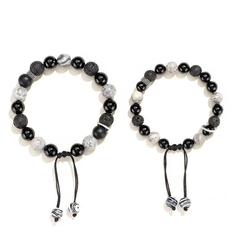 Black agate and volcanic rock diamond-shaped bracelet with electroplated finish