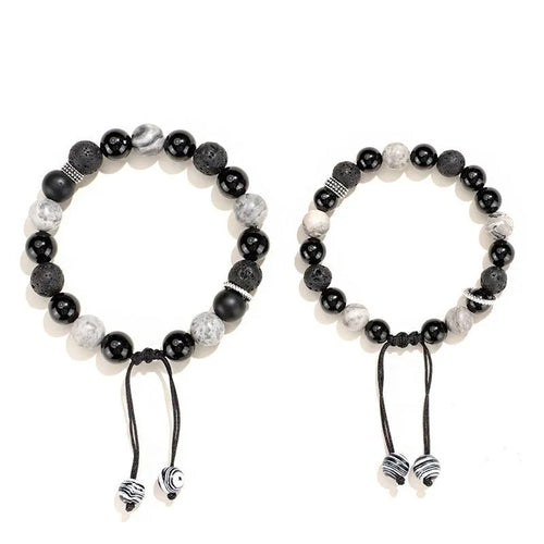 Black agate and volcanic rock diamond-shaped bracelet with electroplated finish