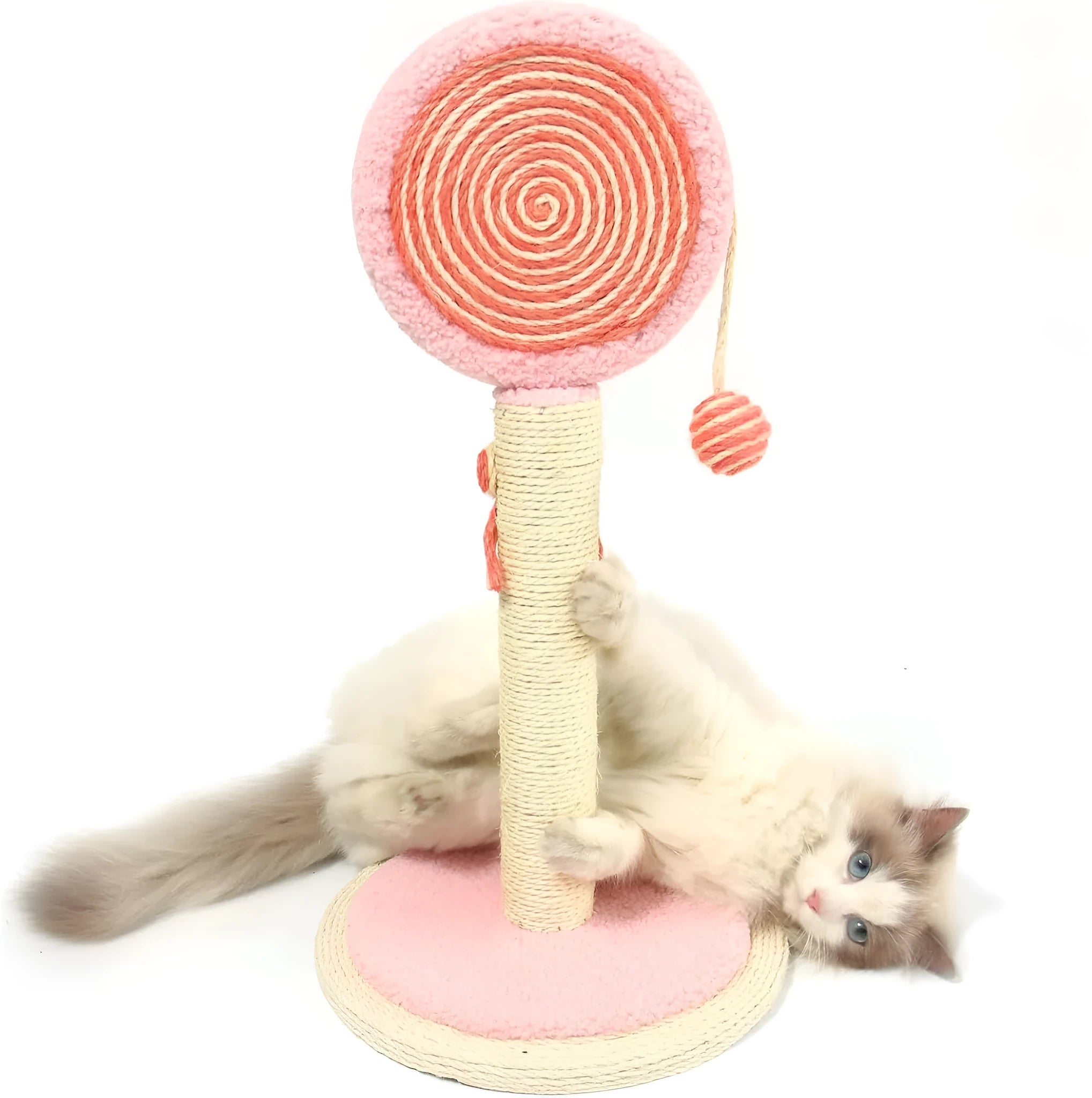 Blue cat scratching post with natural sisal rope, hanging ball, and wide heavy-duty base.