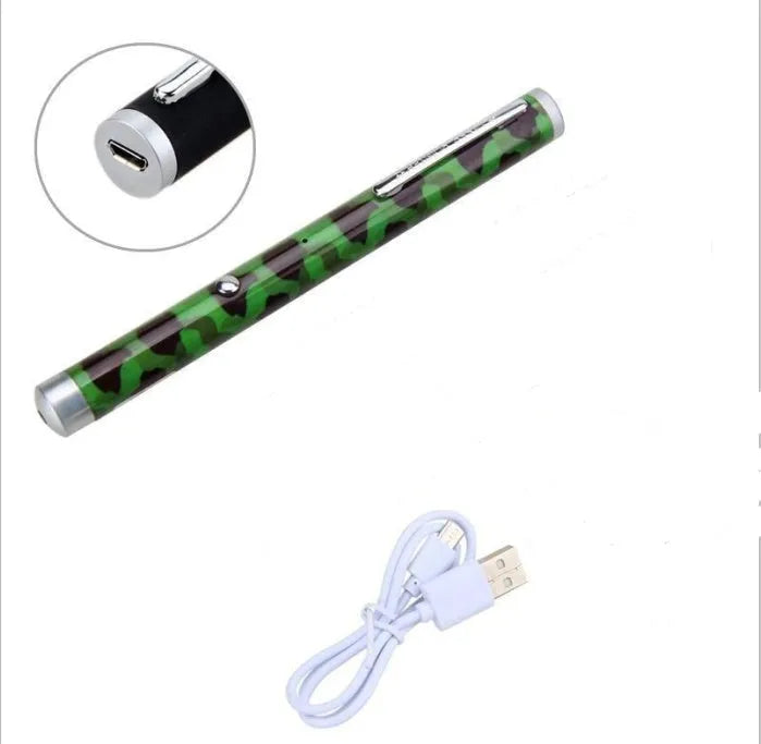 Three green laser pointer pens in black, camouflage pattern, and white colours