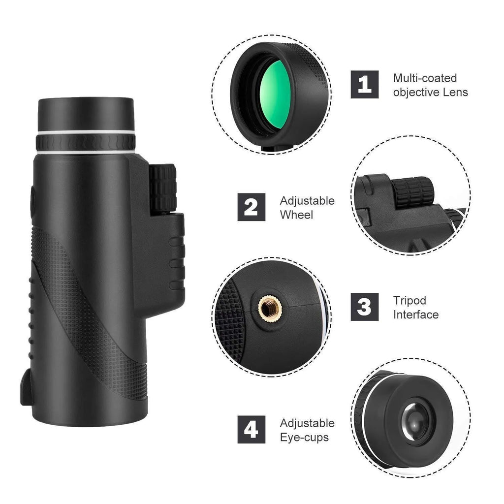 Black 40x60 cellphone telescope monocular with waterproof design and FMC coated optics