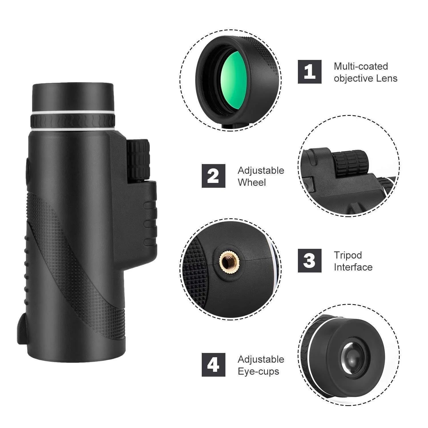 Black 40x60 cellphone telescope monocular with waterproof design and FMC coated optics