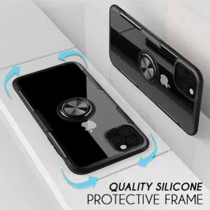 Black PU material phone case for iPhone 11 Pro Max showing precise cutouts for camera and ports.