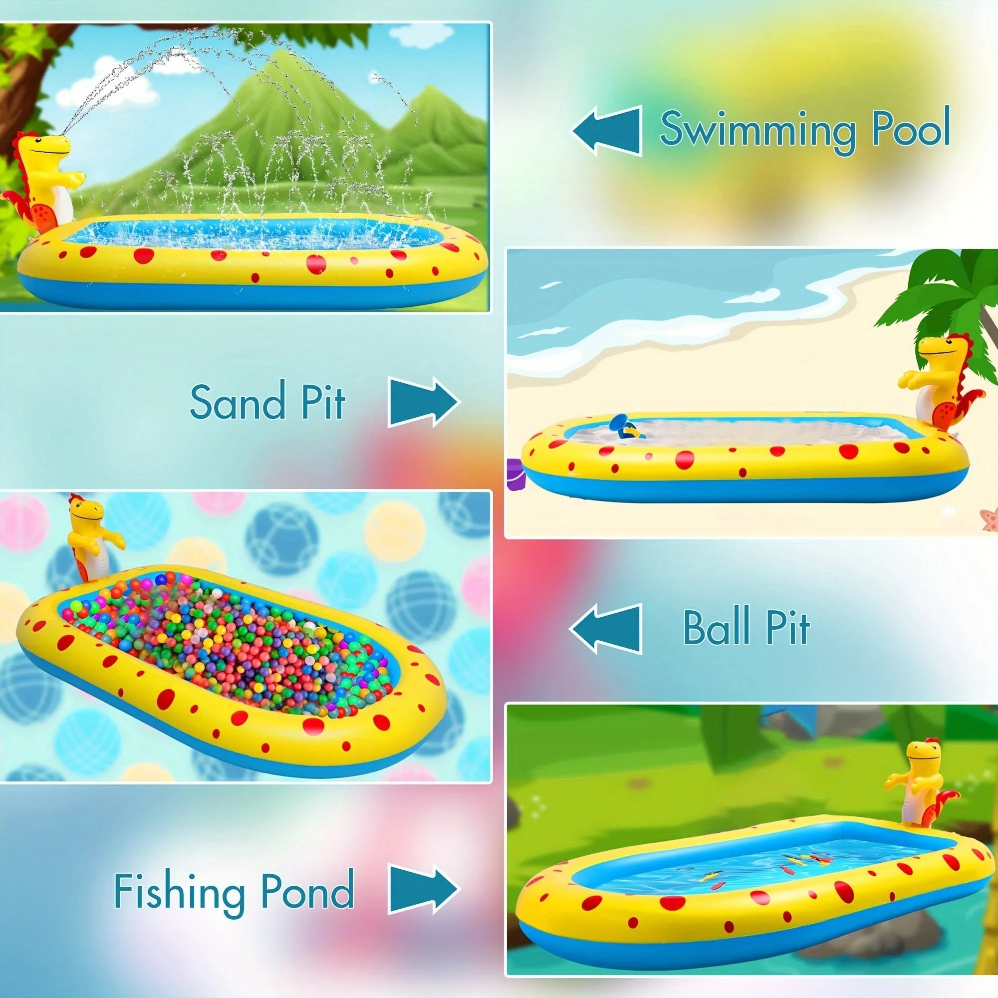 Large blue inflatable kids pool with dinosaur water spray and separate shark pool section