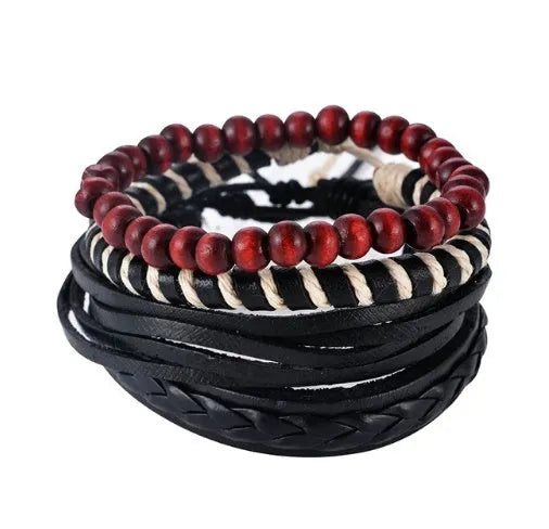 Handmade leather wrap bracelet with wooden beads and adjustable closure for men and women