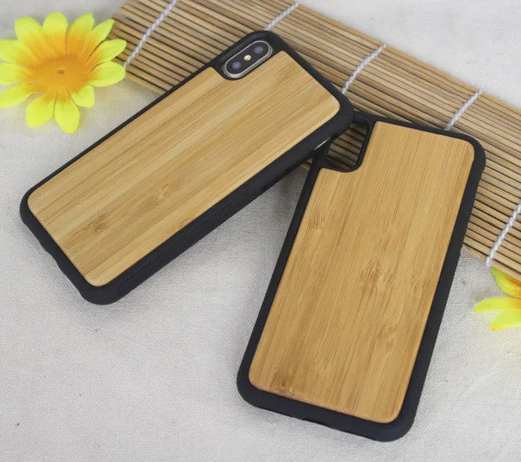 Wooden iPhone case with bamboo back and black TPU sides for multiple models.
