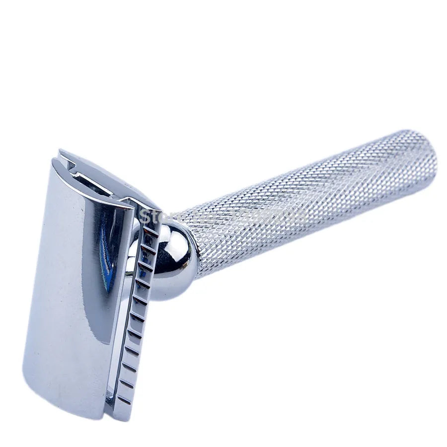 CSB men's shaving kit with chrome razor stand, badger hair brush, double edge razor, and zinc alloy soap bowl.