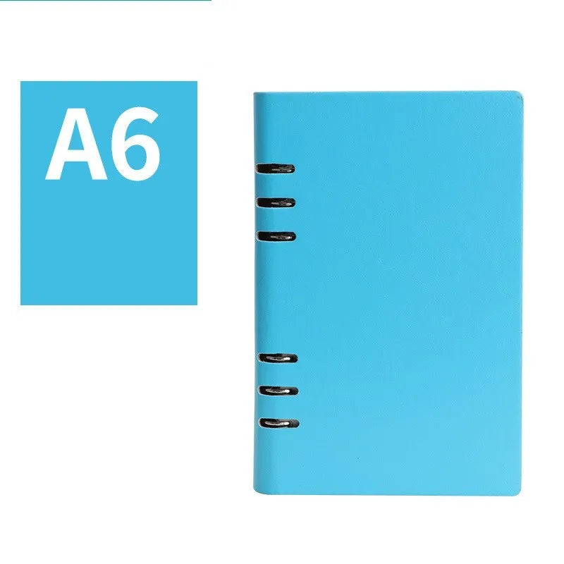 Imitation leather loose-leaf notebook in red, shown open, with A5, A6, and B5 size options.