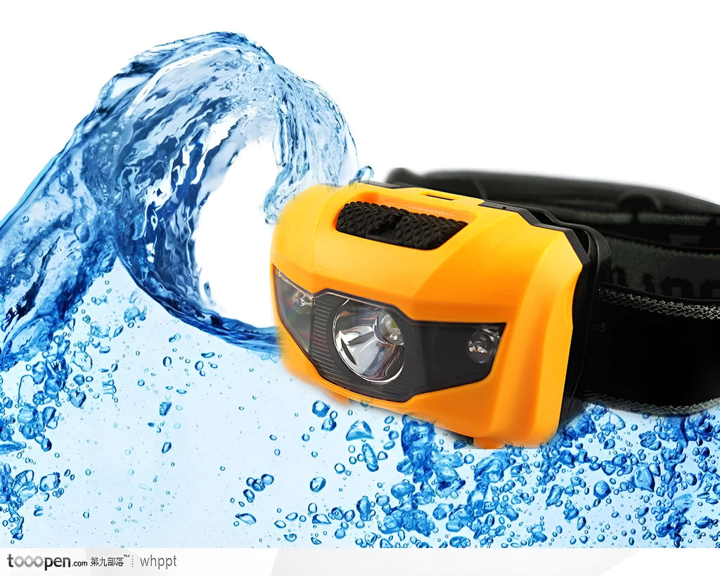 Black LED head torch with adjustable strap, showing white and red LEDs, for outdoor activities.