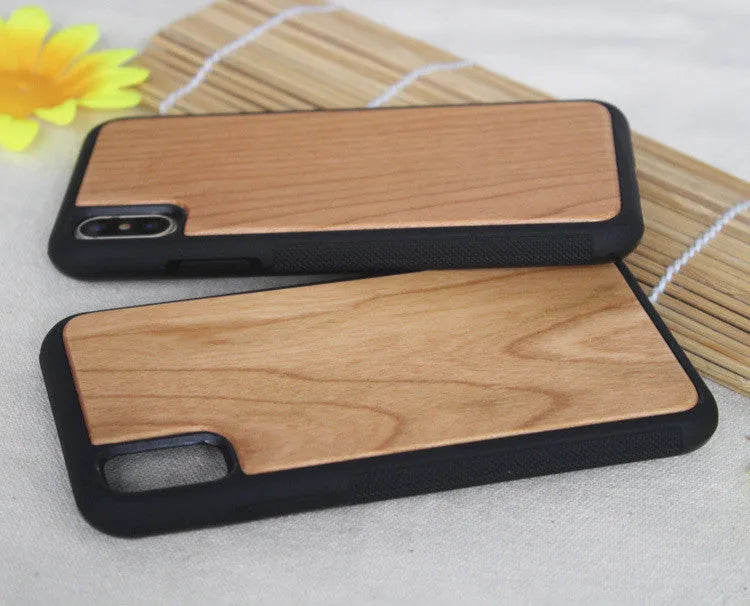 Wooden iPhone case with bamboo back and black TPU sides for multiple models.