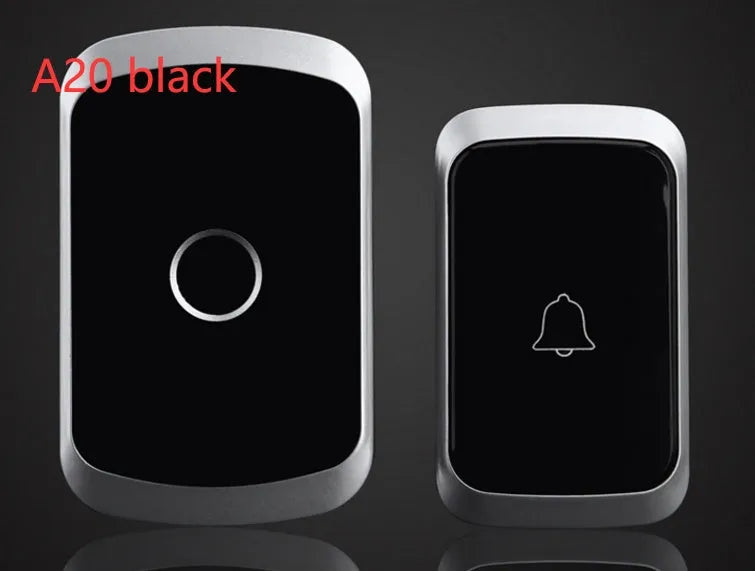 Wireless doorbell kit with plug-in receiver and battery-powered push button transmitter in black finish.