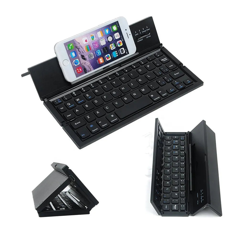 Black foldable Bluetooth keyboard shown alongside tablet demonstrating 8-inch compact size and portable design