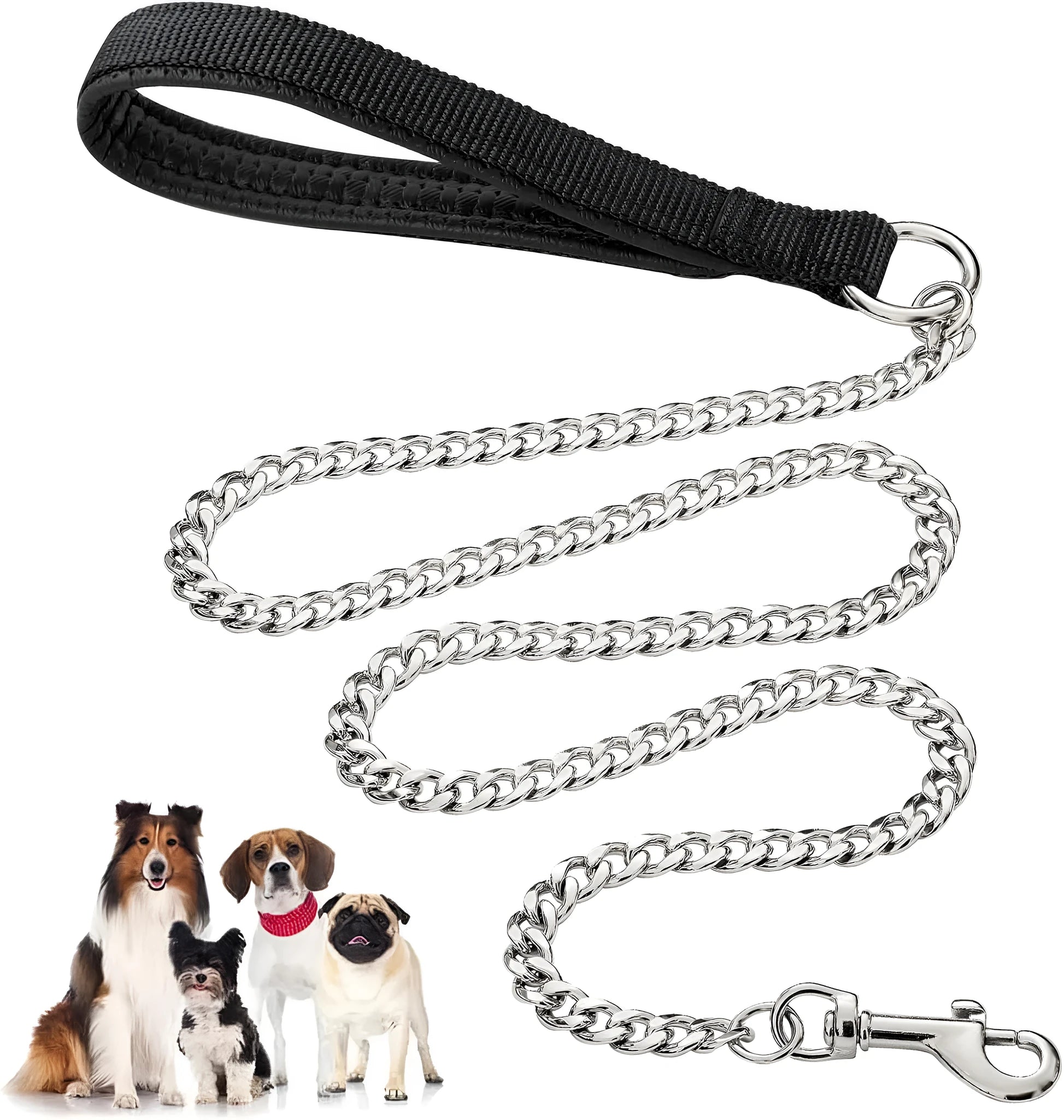 Heavy duty metal dog leash chain with a soft black padded handle