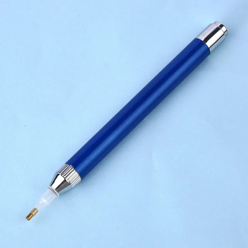 Aluminium alloy luminous drill pen for diamond painting in gold, red, or blue colour.