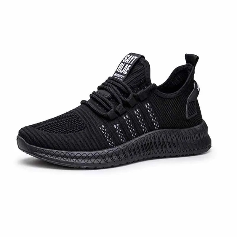 Men's black flying weave sports shoes with cross strap design and round toe