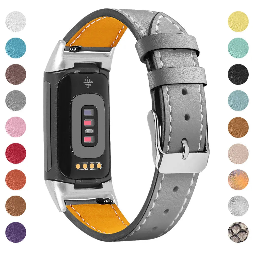 Genuine brown leather watch strap for Fitbit Charge 5 and Charge 6 smartwatches.