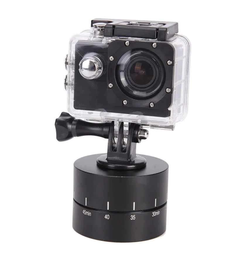 Auto rotating camera tripod head for Lapse compatible 360-degree timelapse photography with GoPro, SLR, and iPhone support