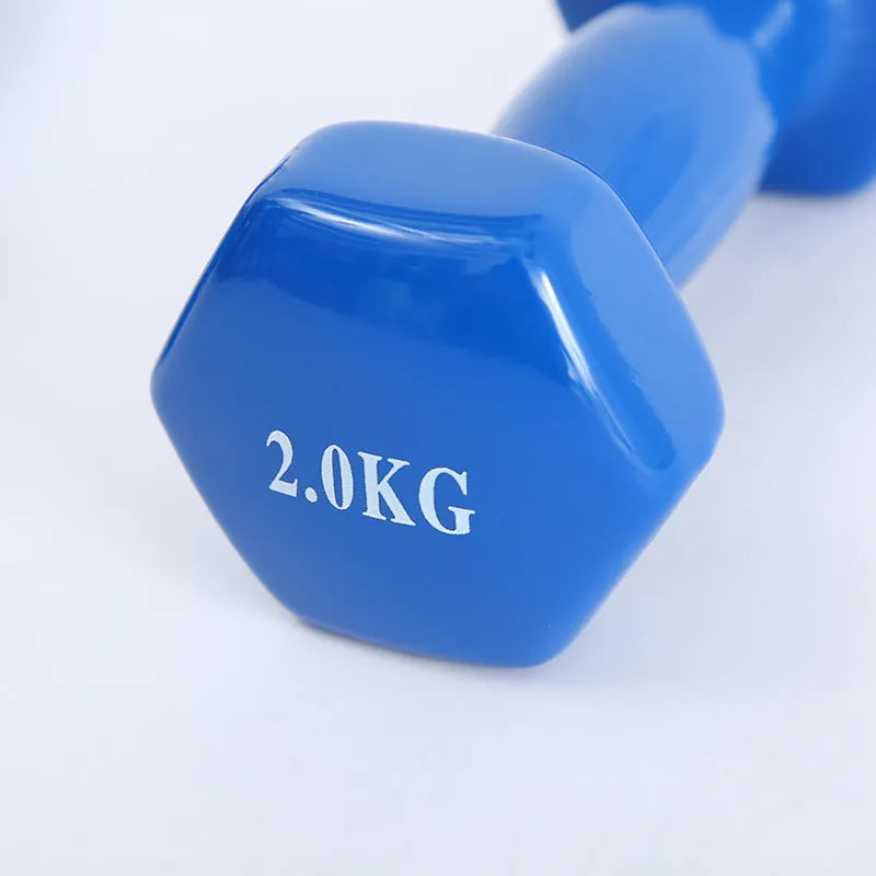 Bright coloured plastic-coated fitness dumbbells in multiple weights for home exercise