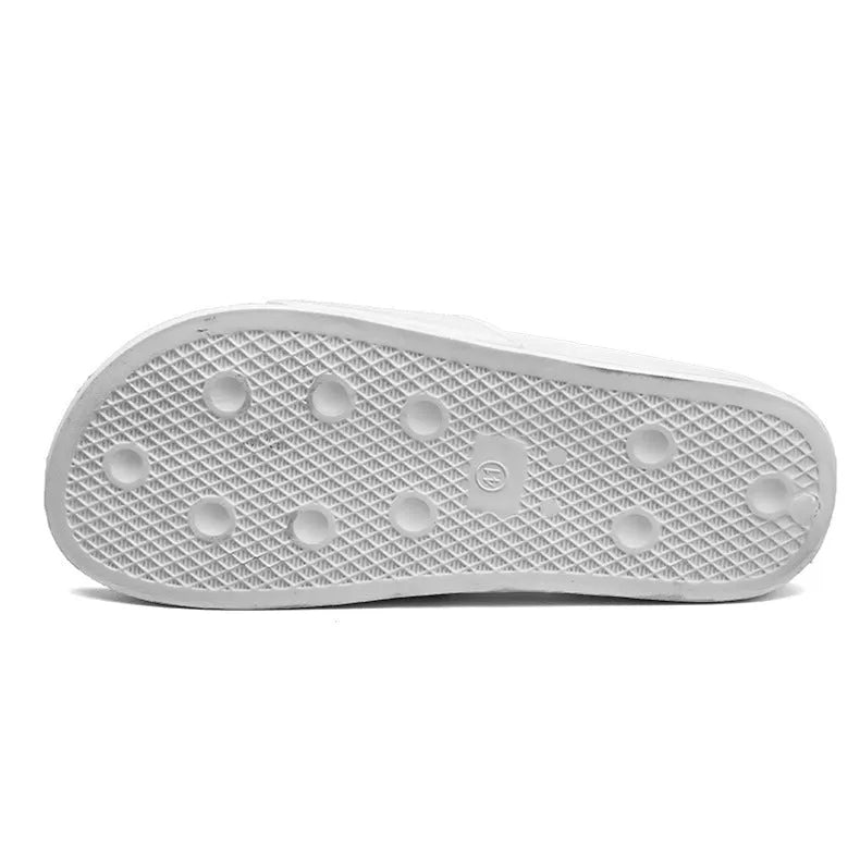 Men's large personalised open toe slippers with rubber soles available in black and white colours