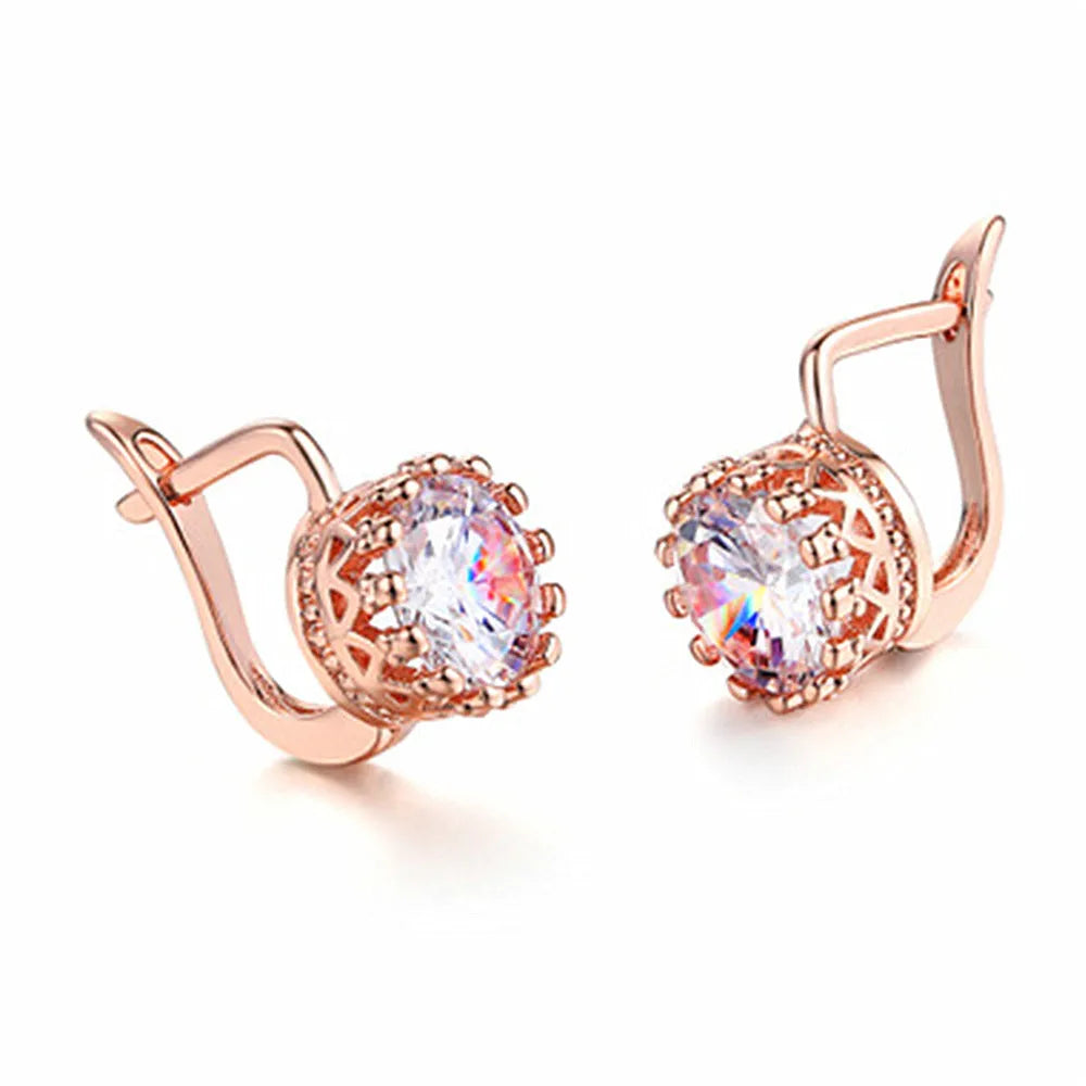 Korean retro crown ear clip earrings with white diamond details in rose gold and white gold colour options